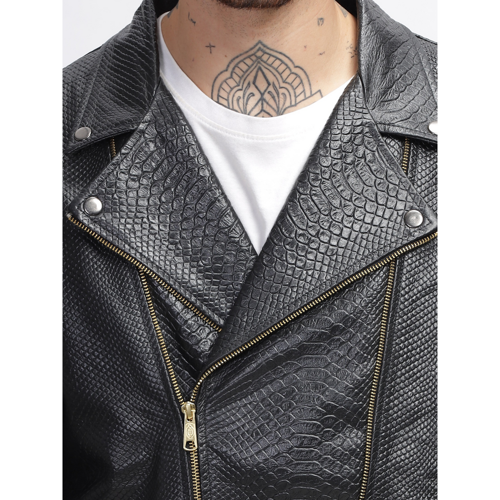 Mens Black Python Embossed Effect Motorcycle Biker Genuine Leather Jacket