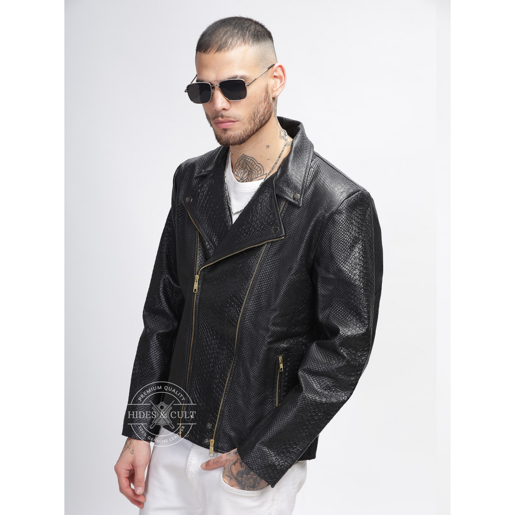 Mens Black Python Embossed Effect Motorcycle Biker Genuine Leather Jacket