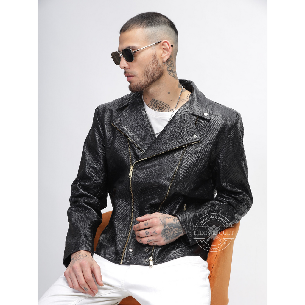 Mens Black Python Embossed Effect Motorcycle Biker Genuine Leather Jacket
