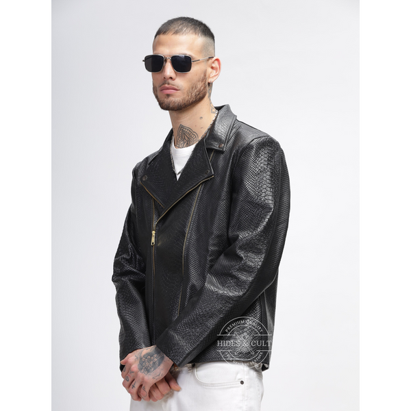 Mens Black Python Embossed Effect Motorcycle Biker Genuine Leather Jacket