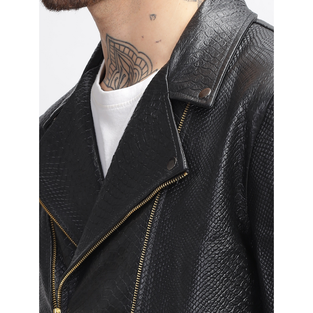 Mens Black Python Embossed Effect Motorcycle Biker Genuine Leather Jacket