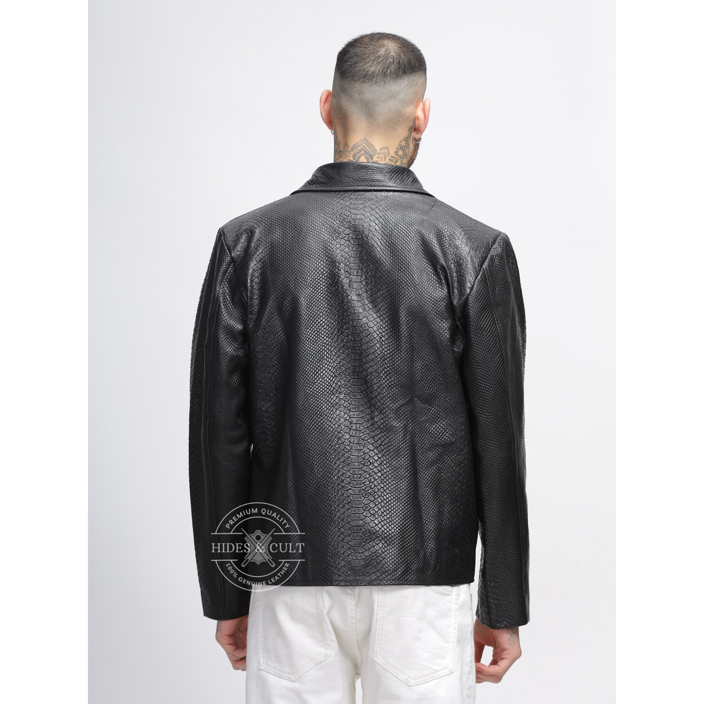 Mens Black Python Embossed Effect Motorcycle Biker Genuine Leather Jacket