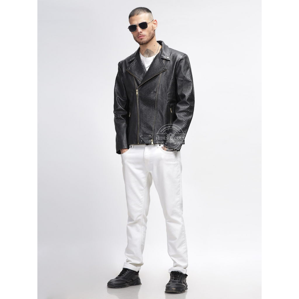Mens Black Python Embossed Effect Motorcycle Biker Genuine Leather Jacket