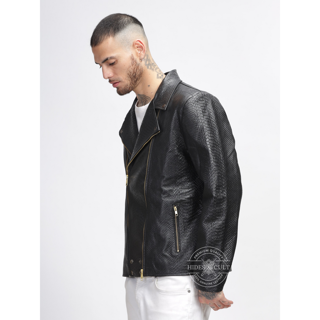 Mens Black Python Embossed Effect Motorcycle Biker Genuine Leather Jacket