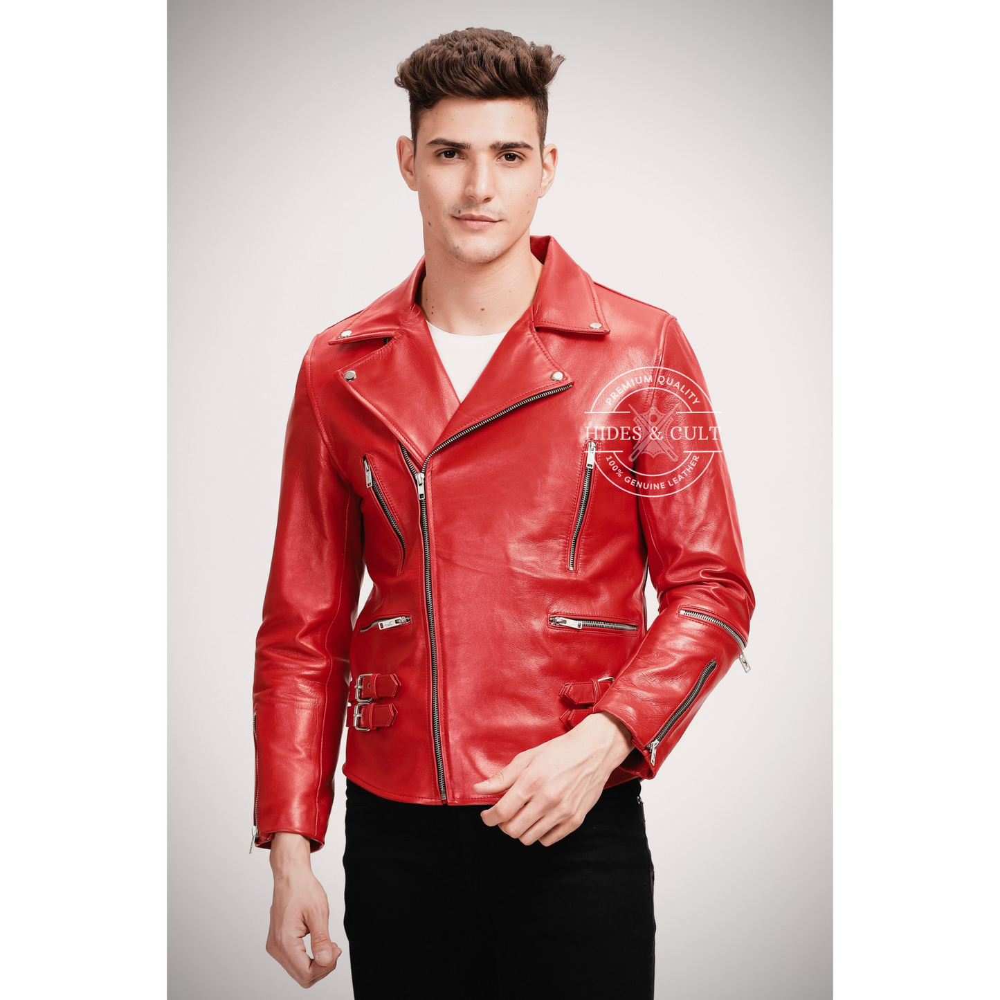 Mens Blood Red Slim Fit Motorcycle Biker Leather Jacket