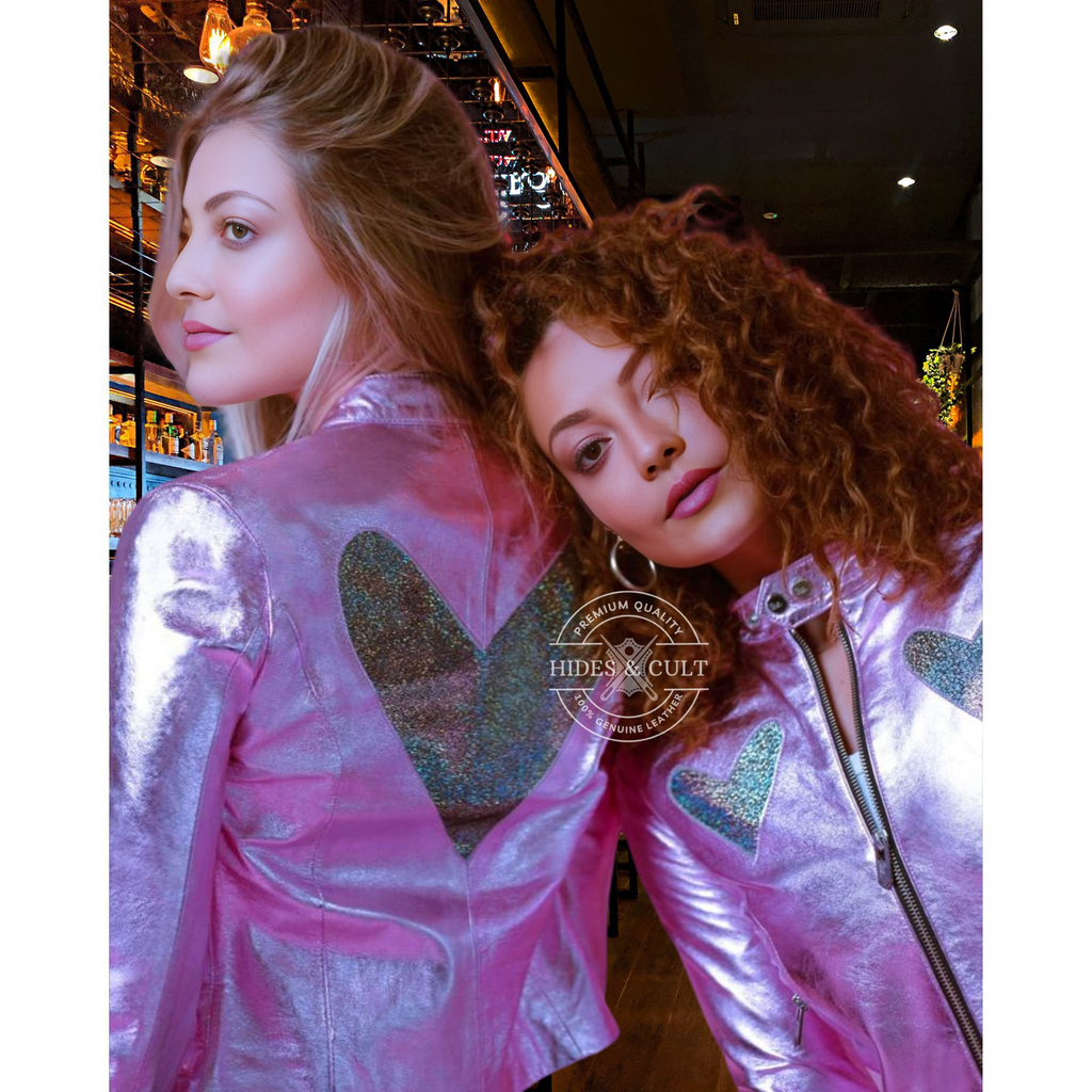 Womens Pink Metallic Foil Crystal Heart Effect Genuine Leather Jacket