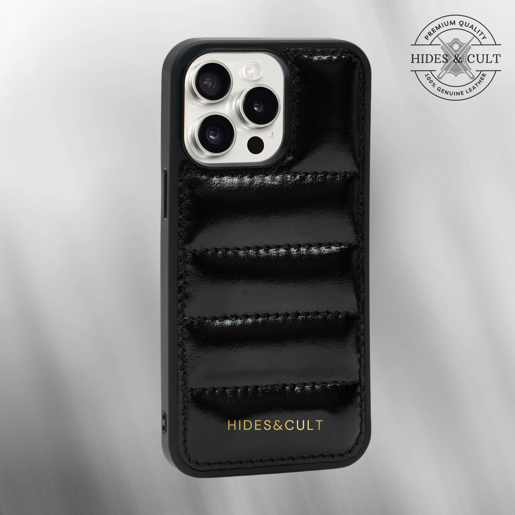 Luxury iPhone Puffer Case - Black Metallic Foil Quilted Genuine Leather Iphone Case
