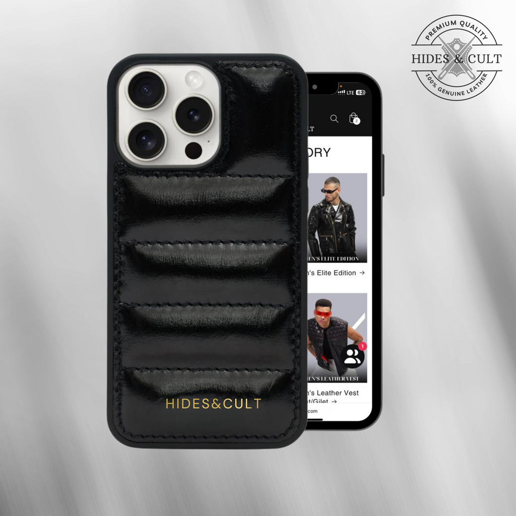 Luxury iPhone Puffer Case - Black Metallic Foil Quilted Genuine Leather Iphone Case