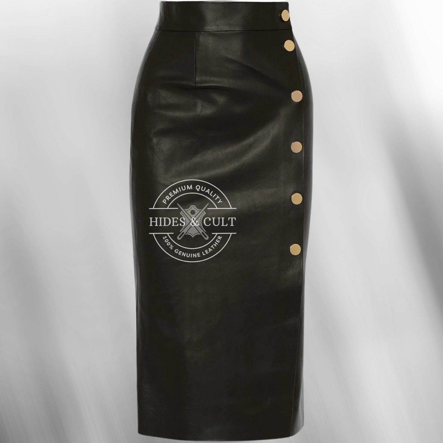 Womens Black Side Gold Buttoned Midi Length Genuine Leather Skirt