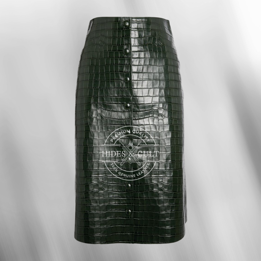 Womens Green Croc Embossed Effect Midi Length Genuine Leather Skirt