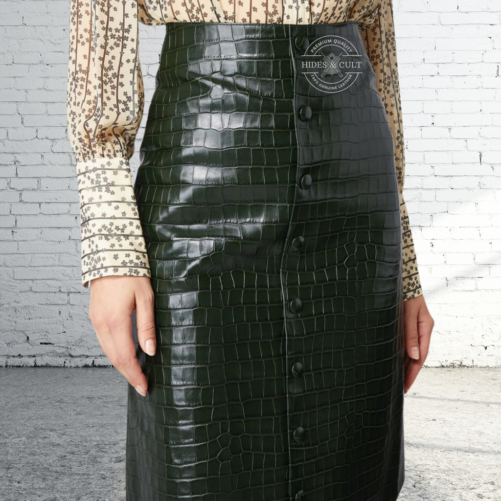 Womens Green Croc Embossed Effect Midi Length Genuine Leather Skirt