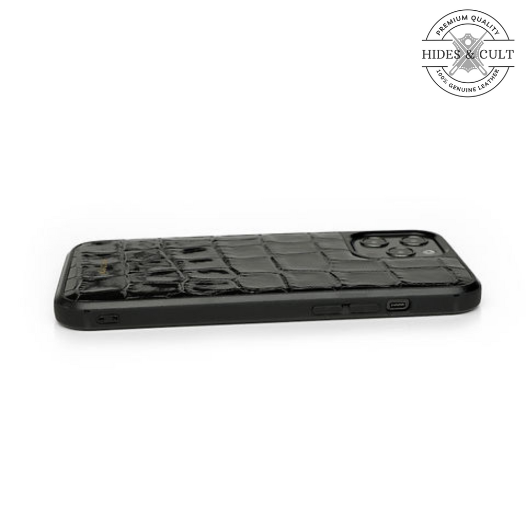 Luxury Black Patent Croc Shockproof Genuine Leather Iphone Case