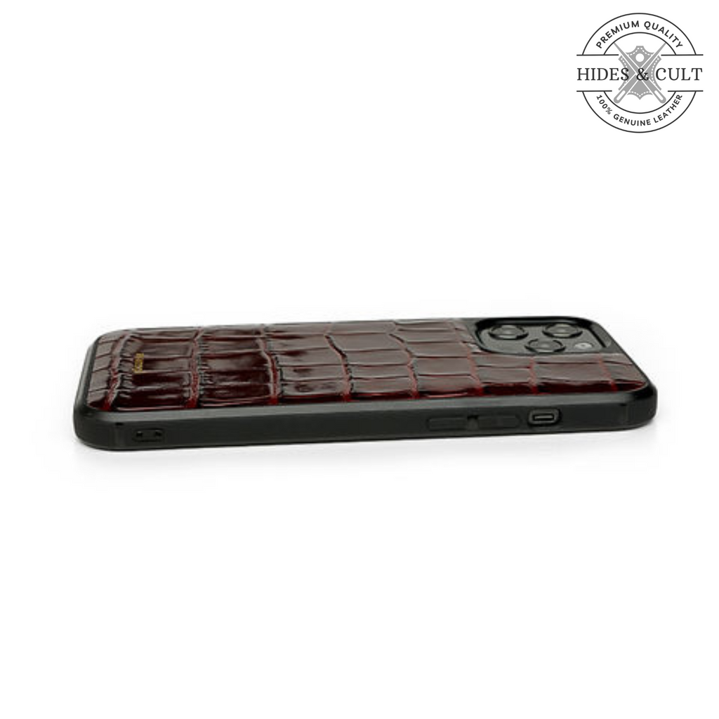 Luxury Glossy Magenta - Burgundy Patent Croc Shockproof Genuine Leather Iphone Case