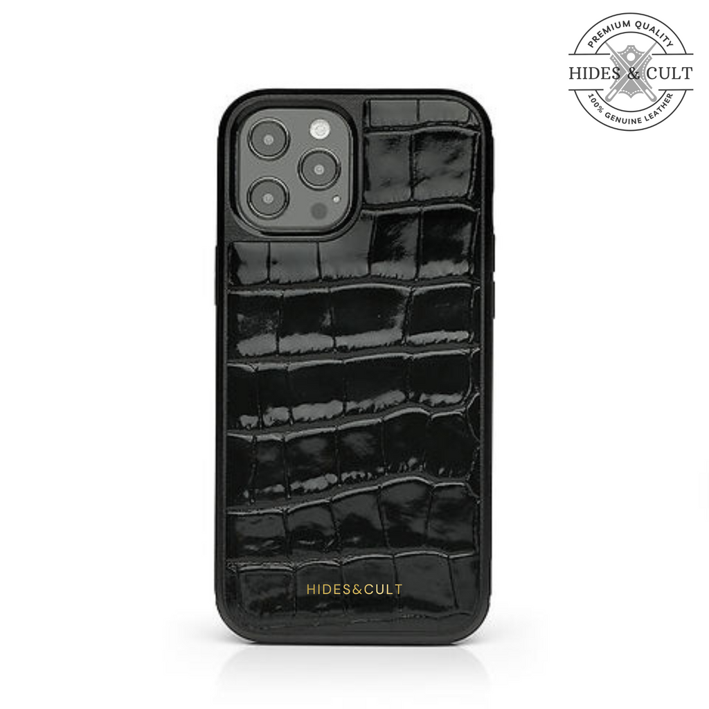 Luxury Black Patent Croc Shockproof Genuine Leather Iphone Case