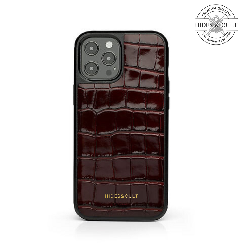 Luxury Glossy Magenta - Burgundy Patent Croc Shockproof Genuine Leather Iphone Case