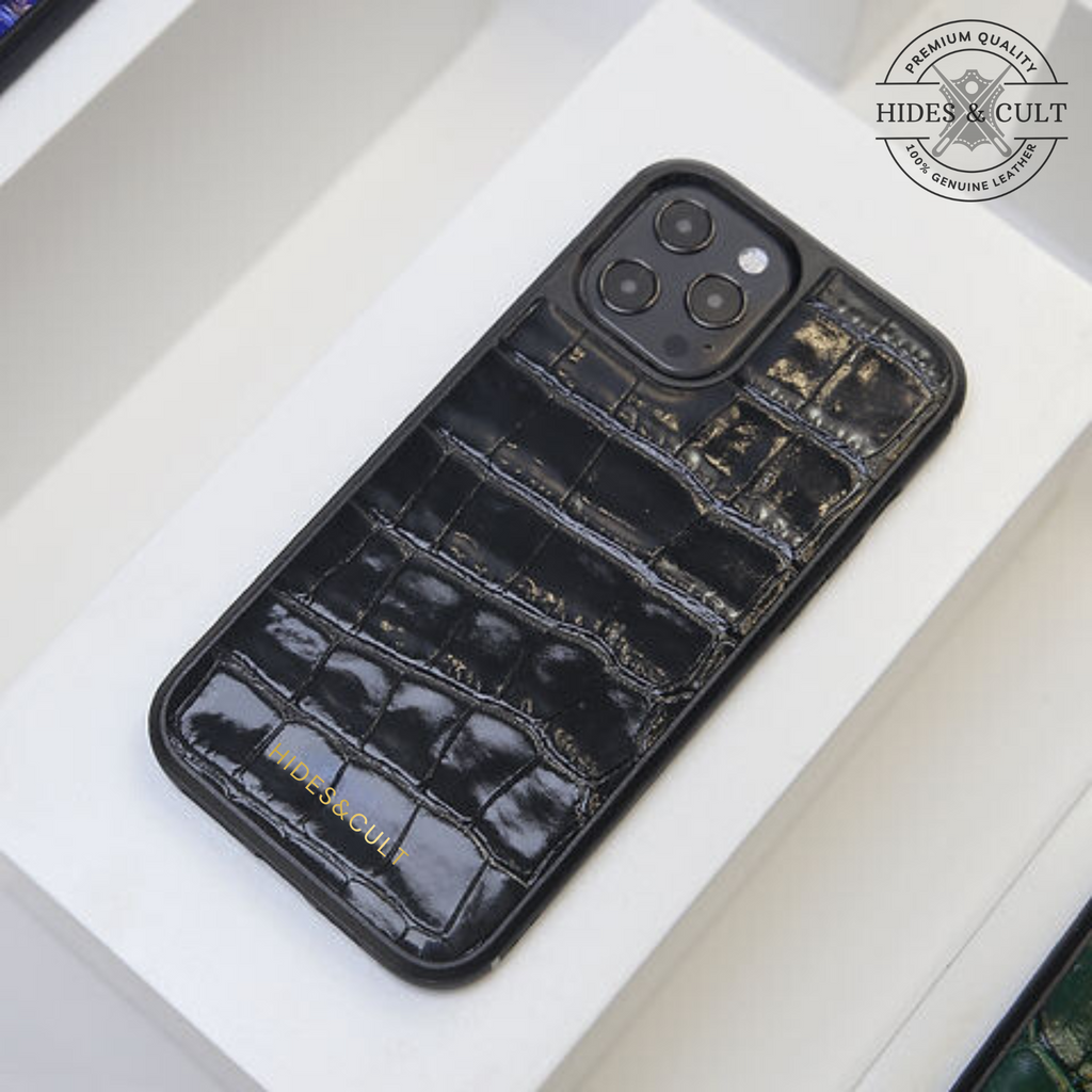 Luxury Black Patent Croc Shockproof Genuine Leather Iphone Case
