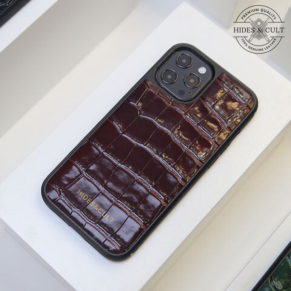 Luxury Glossy Magenta - Burgundy Patent Croc Shockproof Genuine Leather Iphone Case