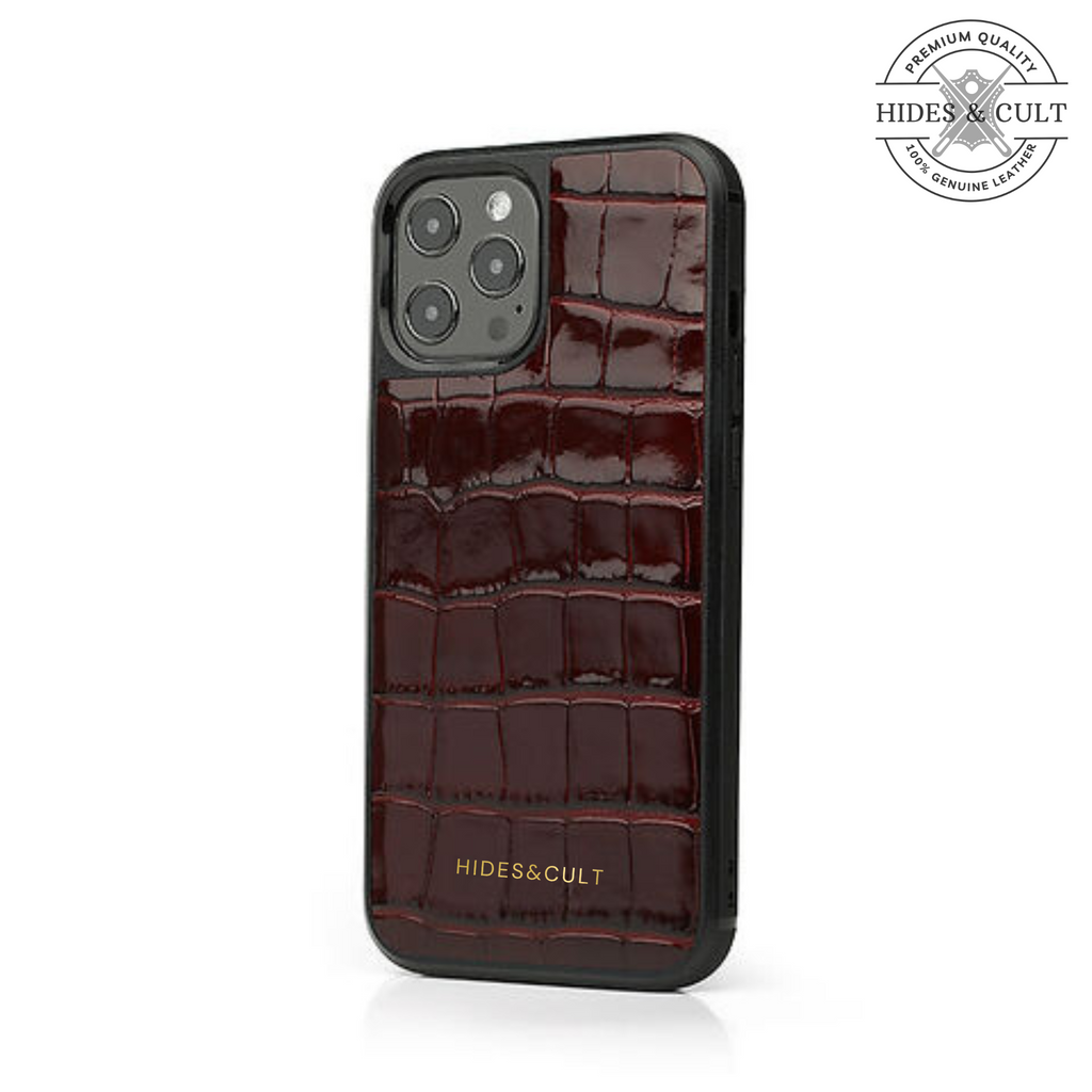 Luxury Glossy Magenta - Burgundy Patent Croc Shockproof Genuine Leather Iphone Case