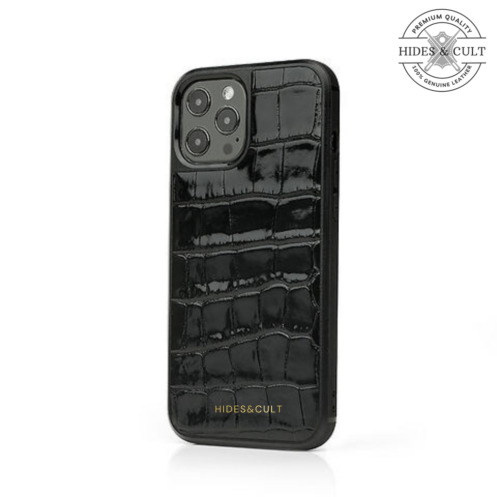 Luxury Black Patent Croc Shockproof Genuine Leather Iphone Case
