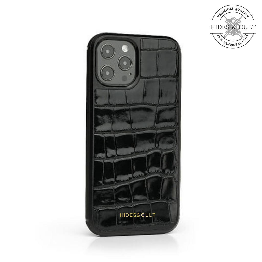 Luxury Black Patent Croc Shockproof Genuine Leather Iphone Case