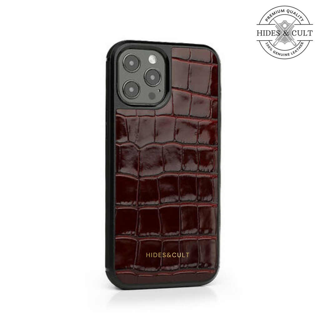 Luxury Glossy Magenta - Burgundy Patent Croc Shockproof Genuine Leather Iphone Case