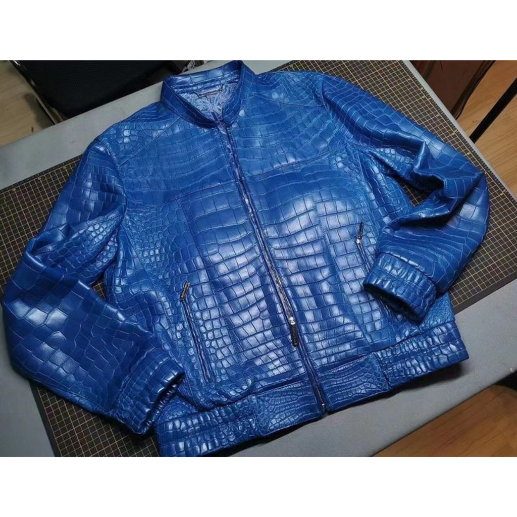 Laid flat view of Men's Blue Croc Embossed Effect Elasticated Leather Jacket – Showcasing crocodile texture, elasticated trims, and structured design