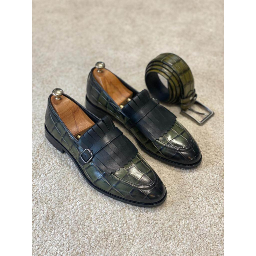 Premium green croc-embossed monk loafers with layered black leather detailing – stylish men's formal shoes for standout occasions.