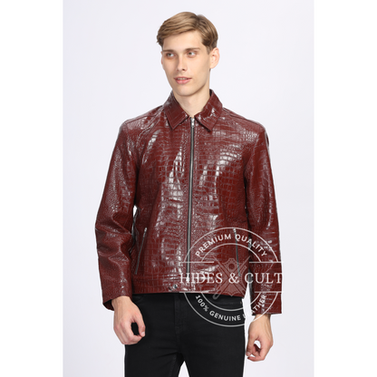 Male model wearing burgundy crocodile-textured genuine leather jacket by Hides & Cult, front view