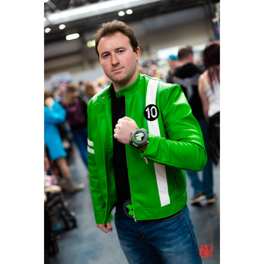 Men's Ben 10 Inspired Leather Jacket – High-quality leather jacket with a bold, vibrant design inspired by Ben 10, perfect for fans and casual wear