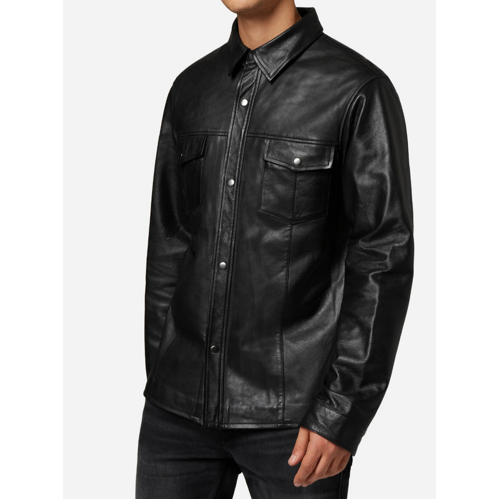 Men's Black Nappa Leather Denim Shirt – Premium Quality Real Leather Shirt with Denim Style for Men, Luxury Fashion Outerwear