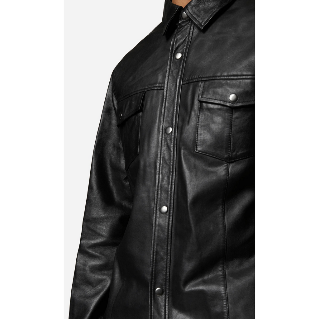 Men's Black Nappa Leather Denim Shirt with Button Detail – Luxury Fashion Shirt with Durable Leather and Stylish Buttons