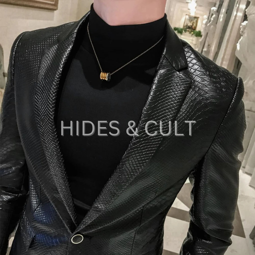Men's Black Python Embossed Korean Blazer worn by model – Chic and contemporary black blazer with embossed python texture, perfect for formal and trendy occasions.