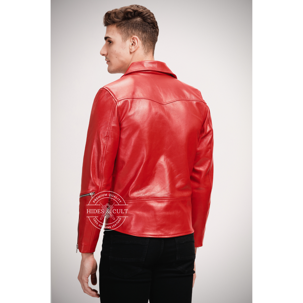 Men's Blood Red Slim Fit Motorcycle Biker Leather Jacket back image