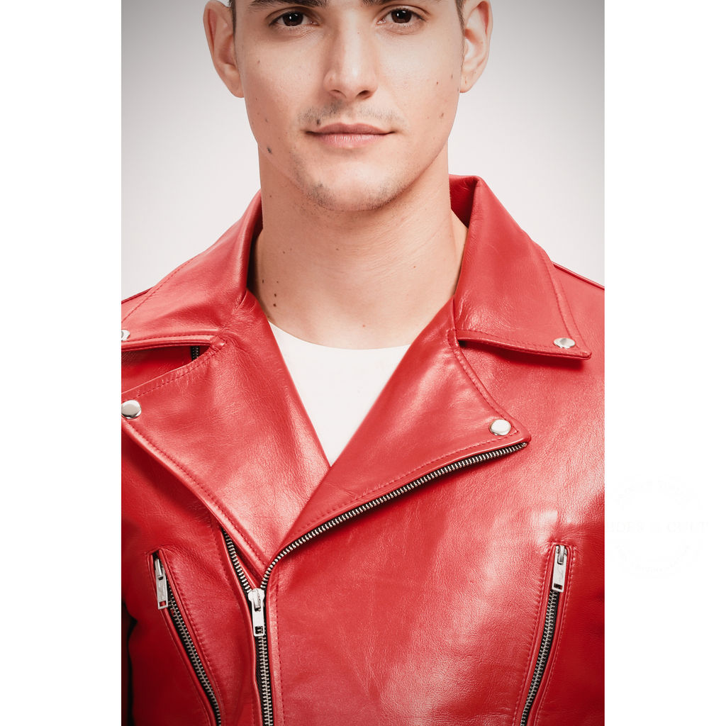 Men's Blood Red Slim Fit Motorcycle Biker Leather Jacket collar details 