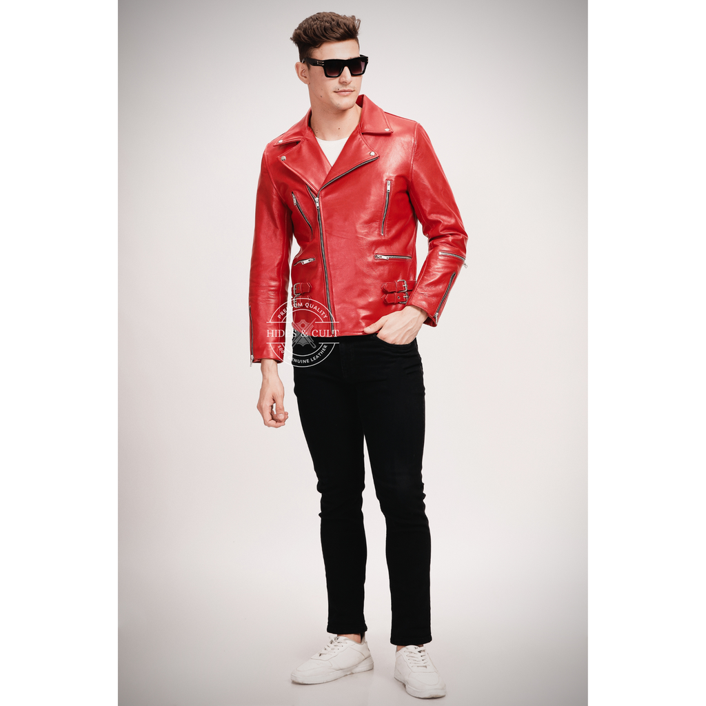 Men's Blood Red Slim Fit Motorcycle Biker Leather Jacket details 