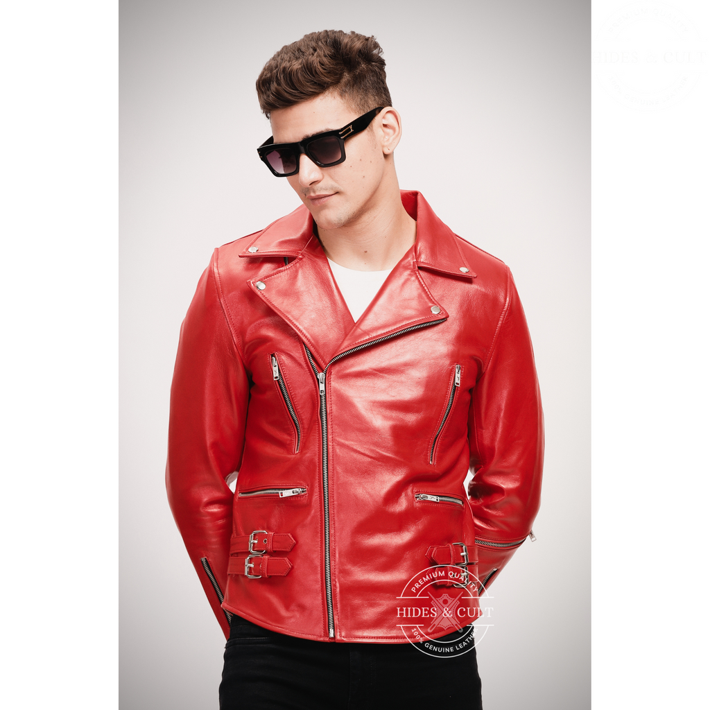 Men's Blood Red Slim Fit Motorcycle Biker Leather Jacket front image