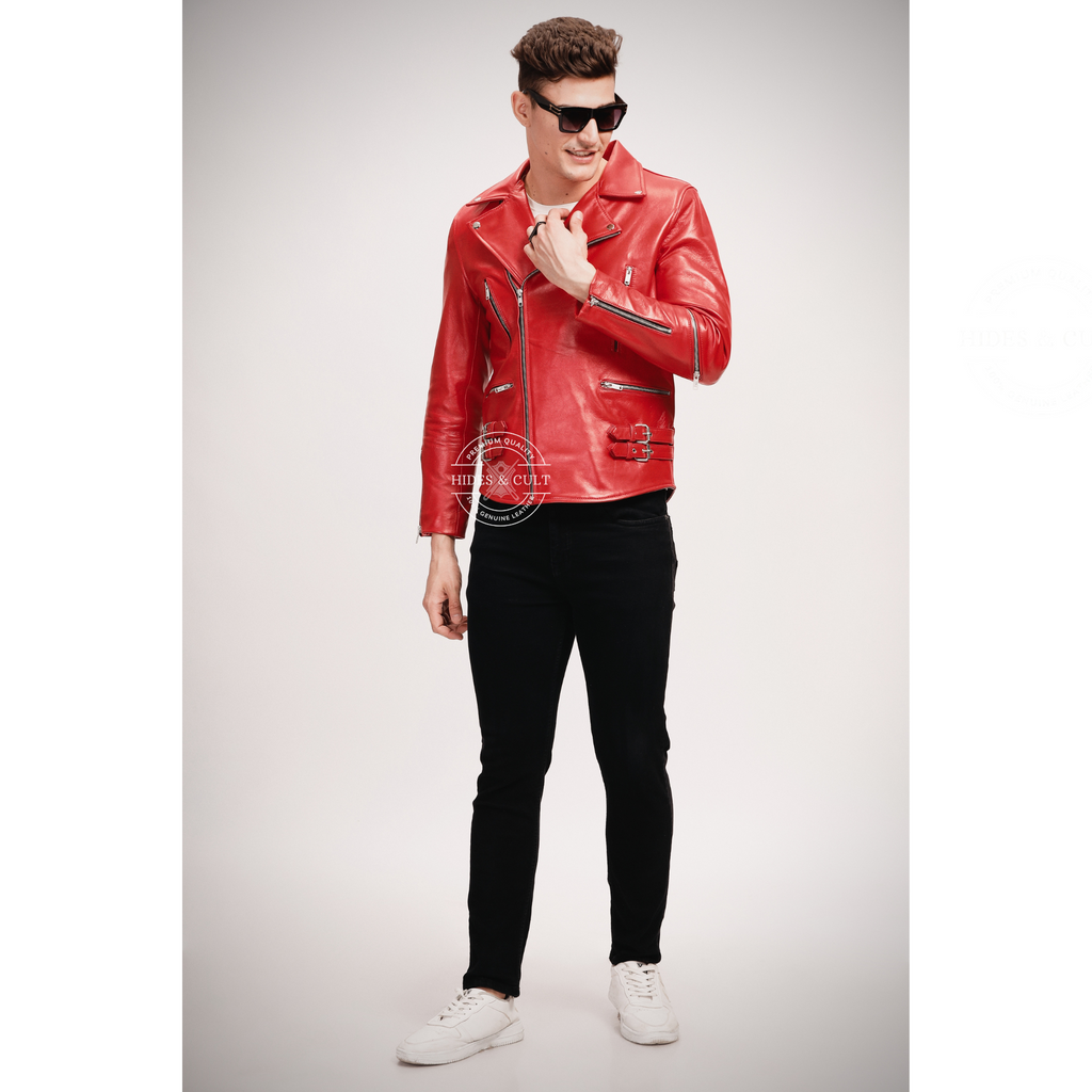 Men's Blood Red Slim Fit Motorcycle Biker Leather Jacket full image