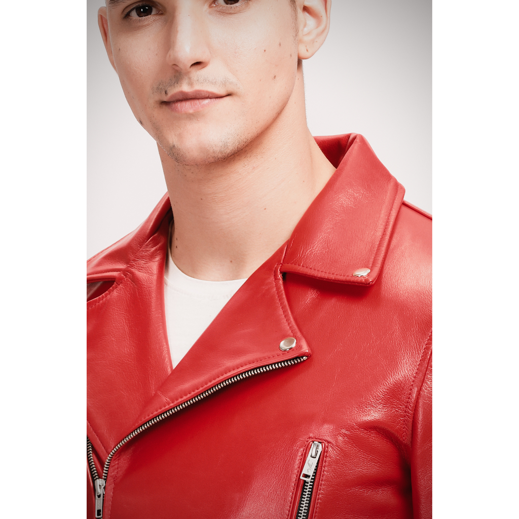 Men's Blood Red Slim Fit Motorcycle Biker Leather Jacket material details 