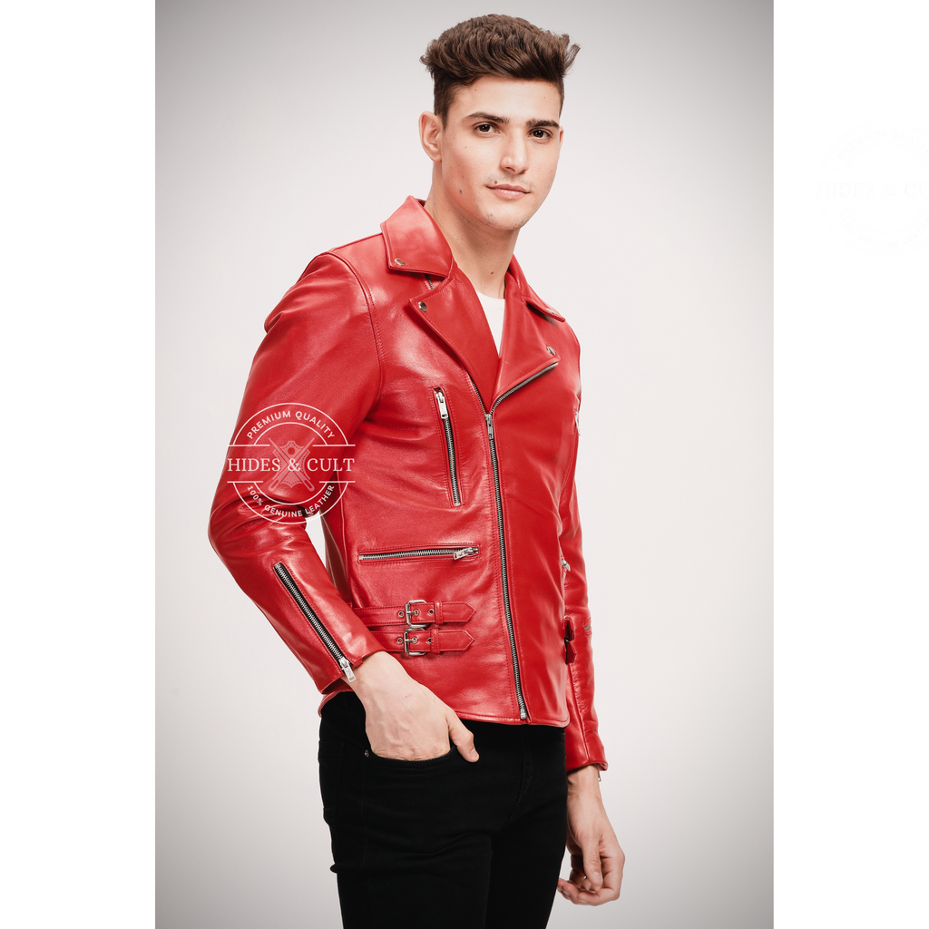 Men's Blood Red Slim Fit Motorcycle Biker Leather Jacket pockets details 