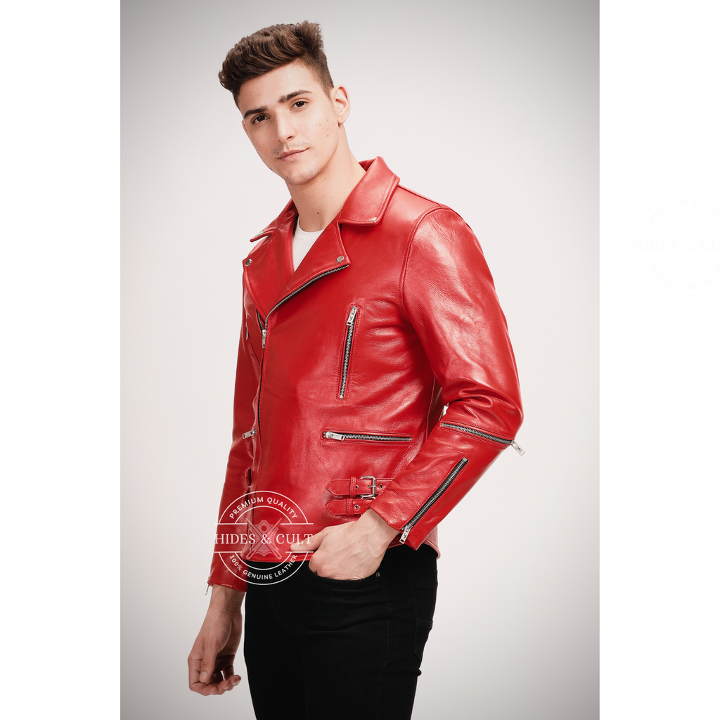 Men's Blood Red Slim Fit Motorcycle Biker Leather Jacket side image