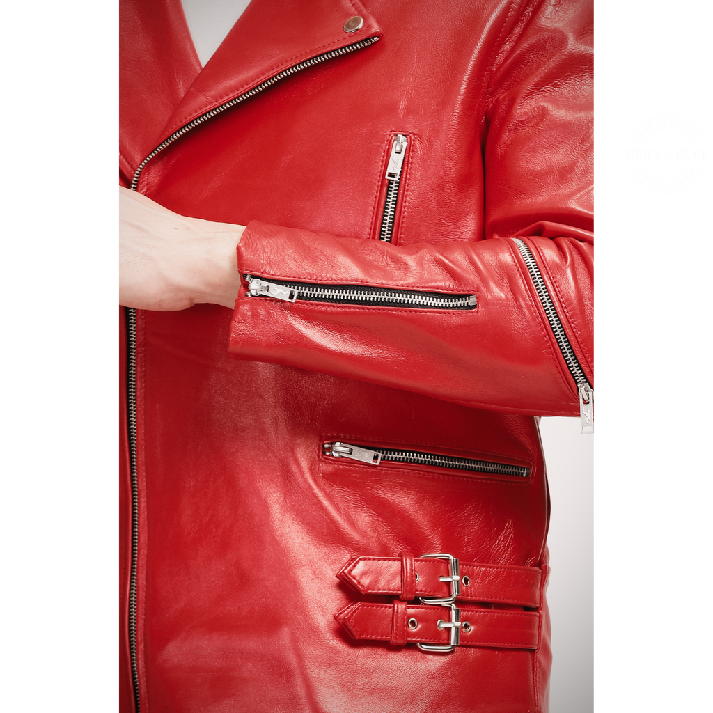 Men's Blood Red Slim Fit Motorcycle Biker Leather Jacket zip details 