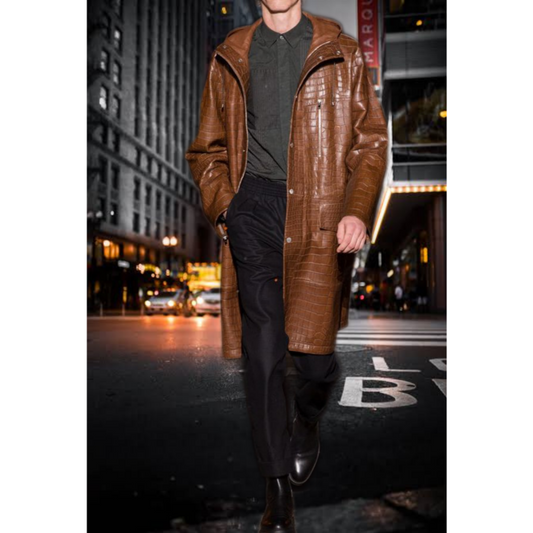 Men's Brown Croc Embossed Effect Hooded Real Leather Long Coat – Luxury Fashion Outerwear with Premium Quality Leather