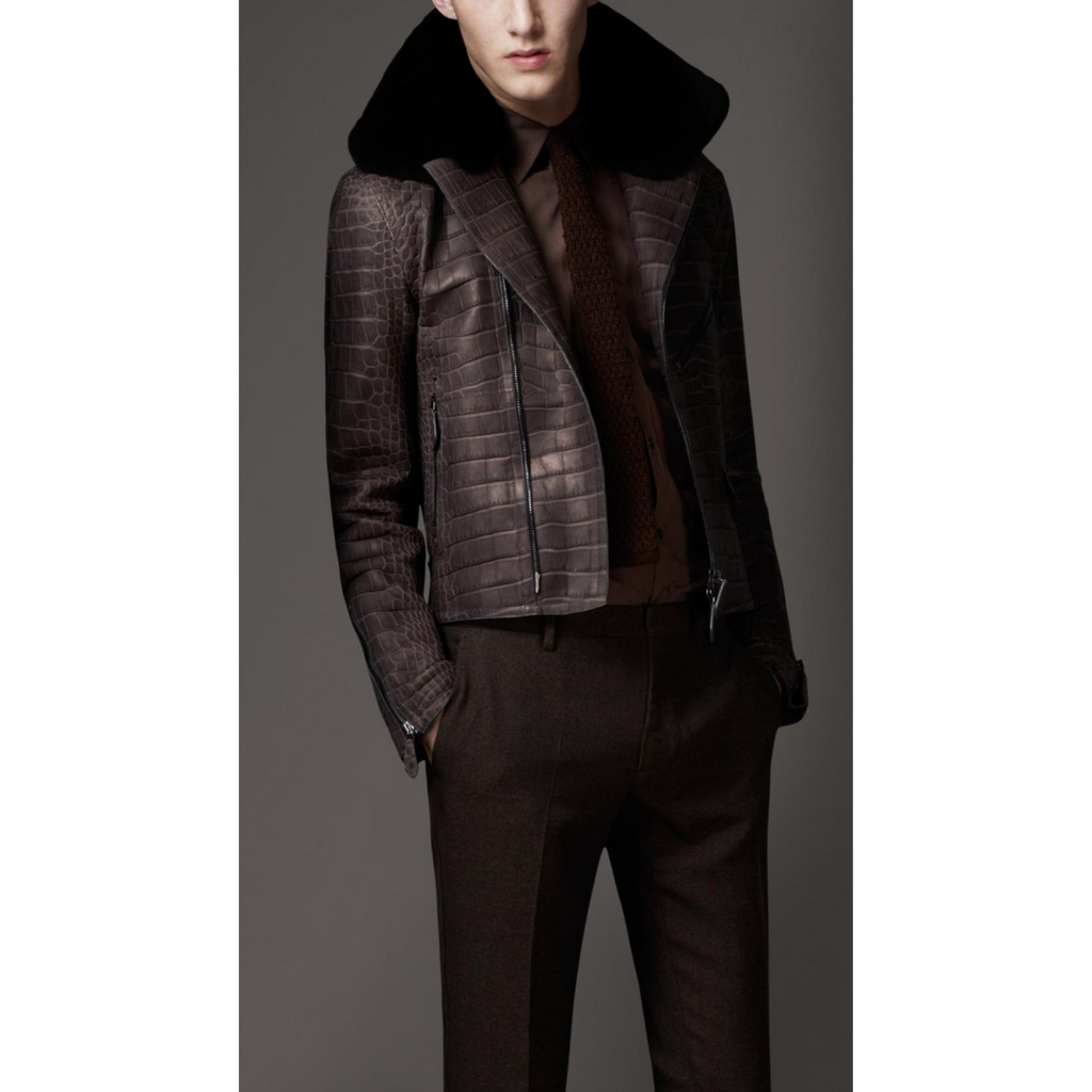 Men's Brown Croc Embossed Real Lambskin Leather Jacket with Fur Collar – Stylish and durable designer leather jacket for men with a unique embossed croc pattern and soft fur collar