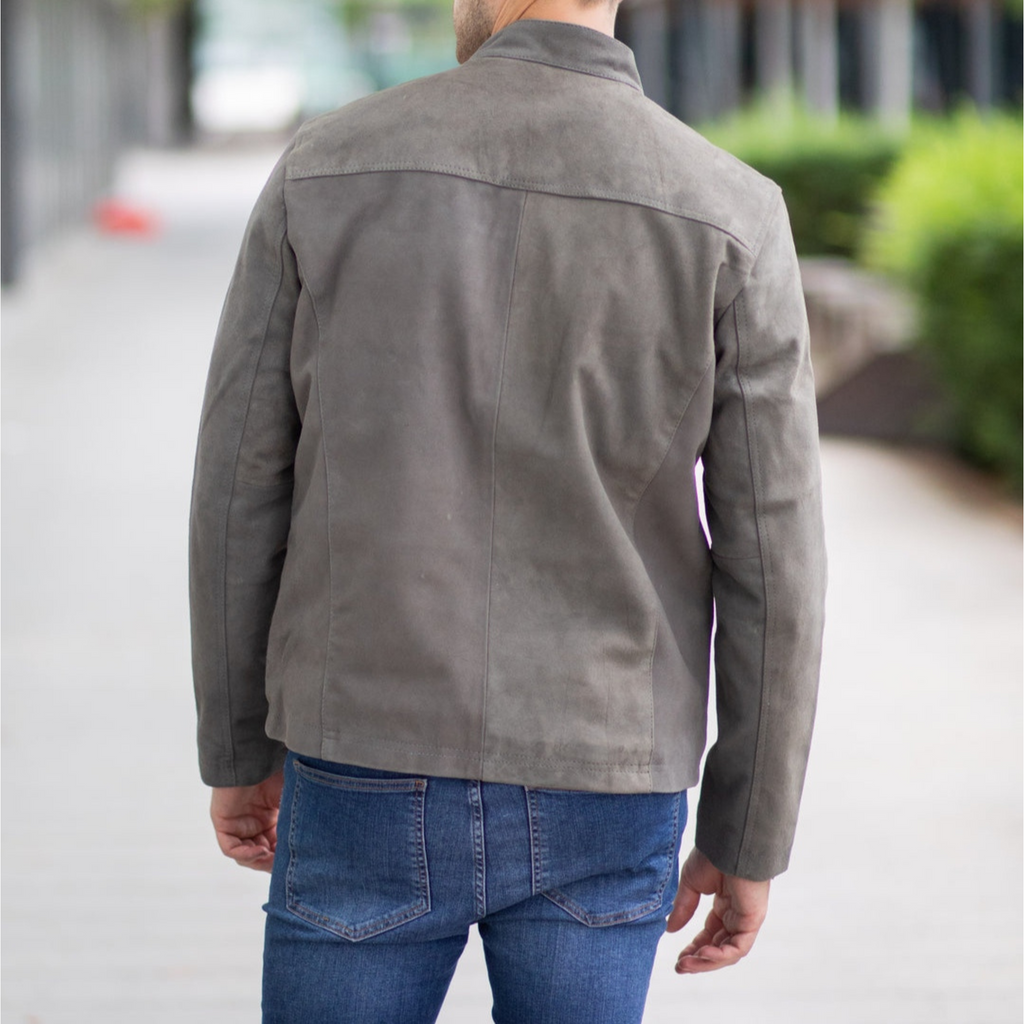 Men's Grey Suede Tailored Genuine Leather Jacket back image