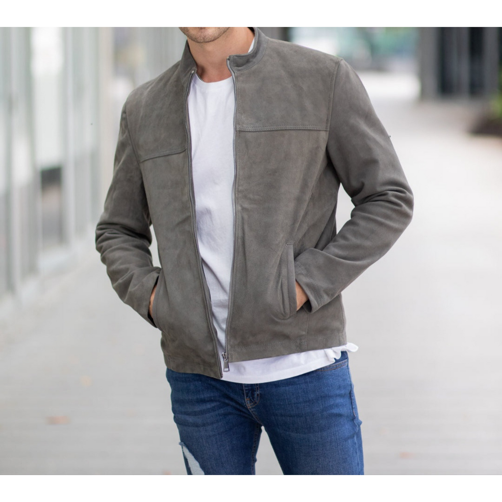 Men's Grey Suede Tailored Genuine Leather Jacket open zipped detailed image