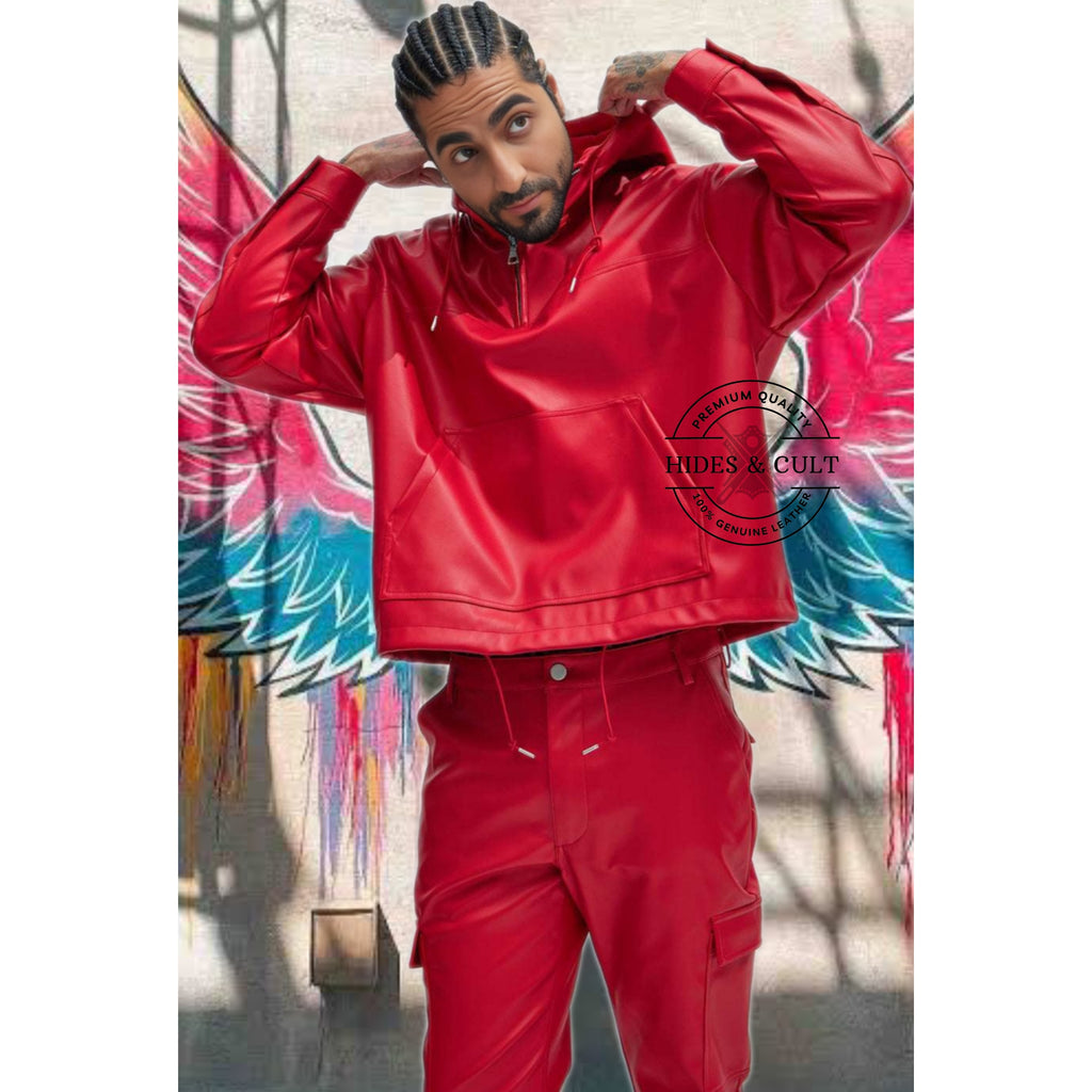 Men's Hides & Cult red genuine leather pullover hoodie. Model standing, front view, showcasing the urban streetwear style.