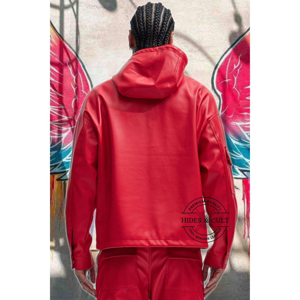 Men's Hides & Cult red leather hoodie, back view, showcasing hood and seam details.