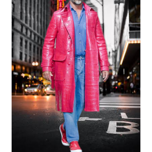 Men's Hot Pink Croc Embossed Effect Belted Real Leather Trench Coat – Premium Leather Outerwear with Croc Texture and Stylish Belt for Men