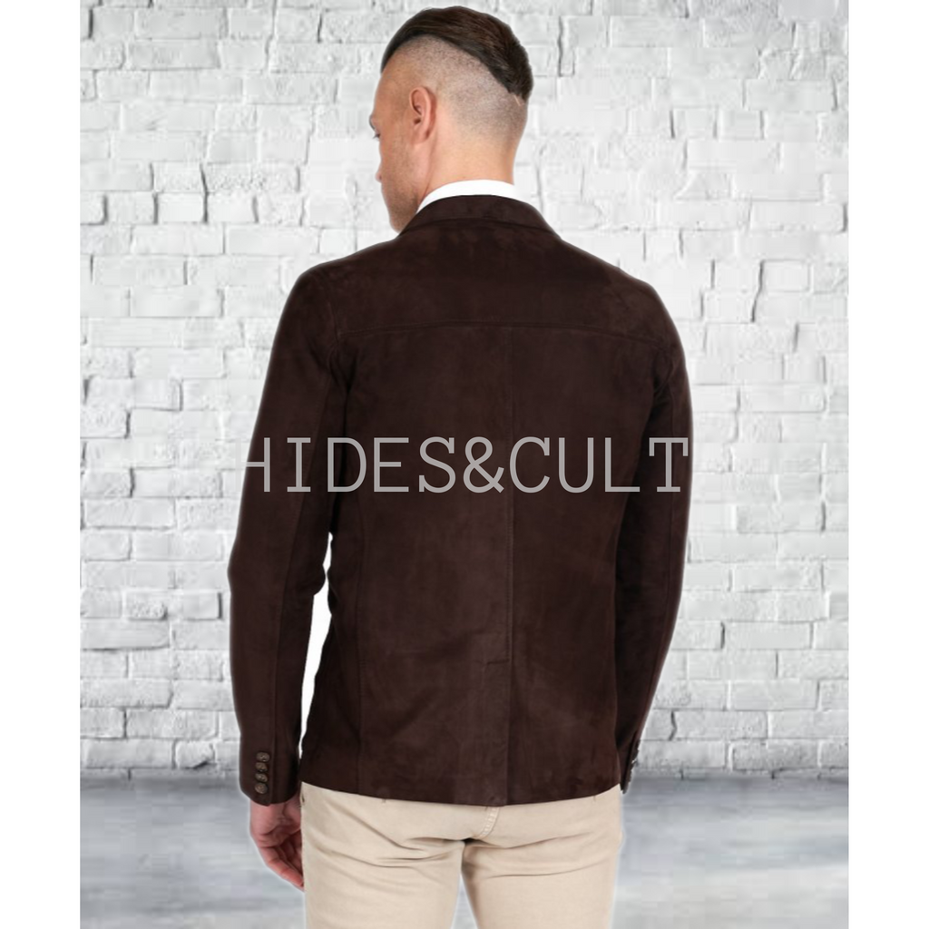 Men's Tan Brown Slim Fit Business Leather Blazer back detail image