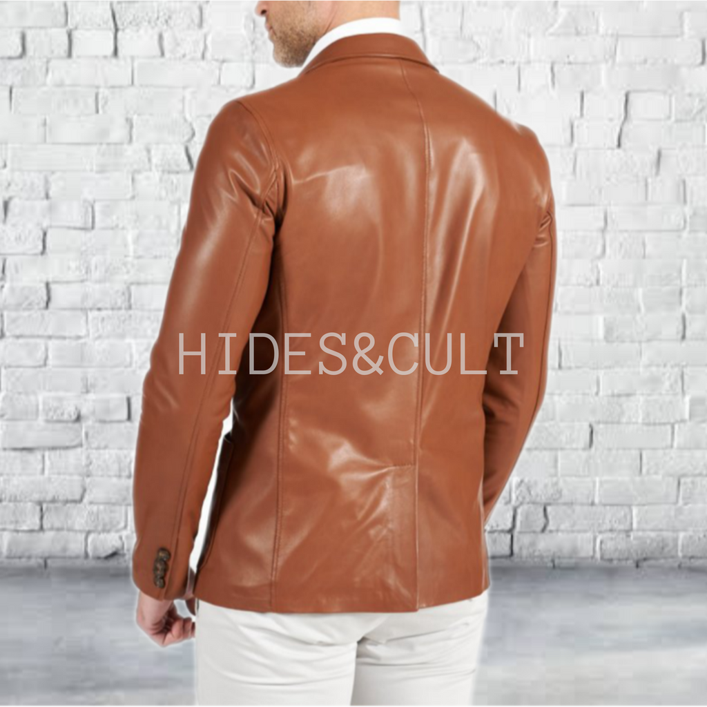 Men's Tan Brown Slim Fit Business Leather Blazer back image